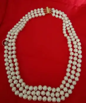 

Beautiful 3row 8-9 mm natural white pearl necklace 17"-19"