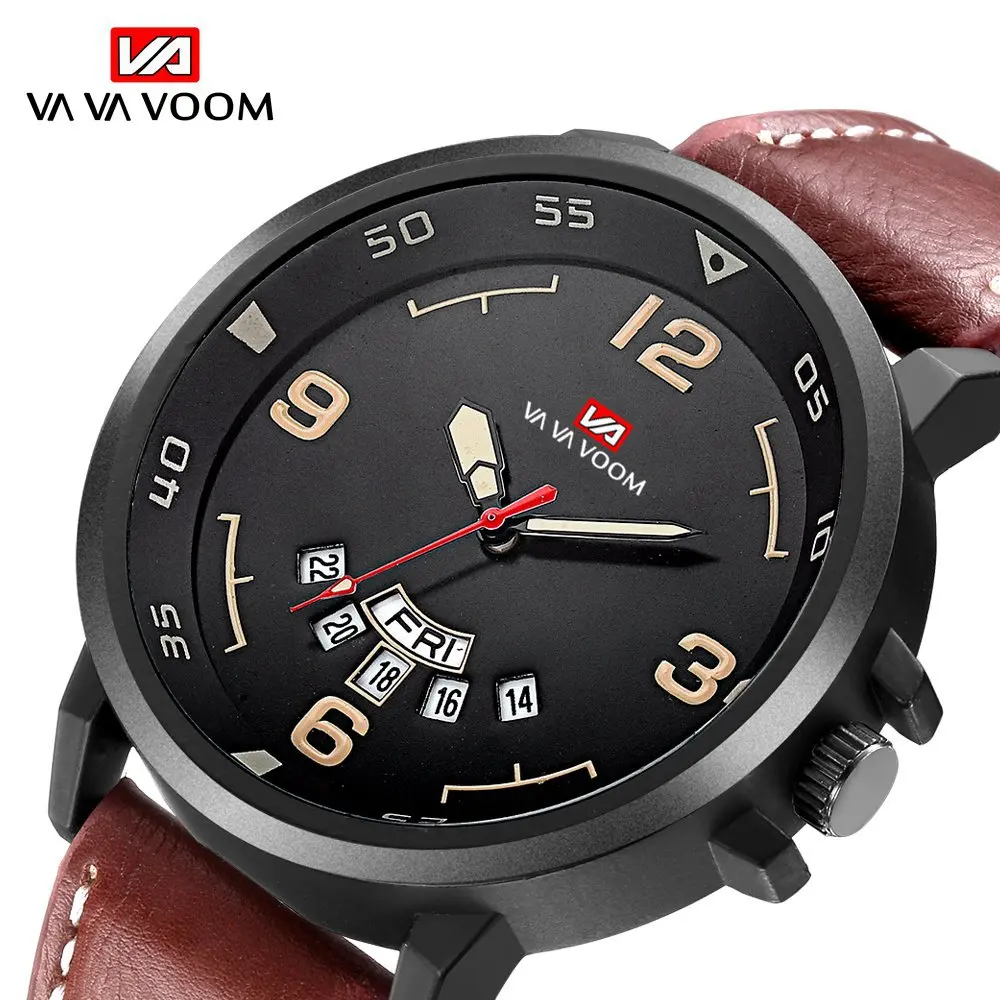 

Va Va Voom Mens Heritage Green Sports Quartz Watch Luxury Fashion Double Calendar Brown Fux Leather Strap Wristwatch TZEW0008