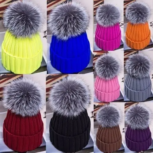 Women-Kids-Baby-Winter-Knitted-Beanie-Raccoon-Fur-Pom-Bobble-Hat-Crochet-Ski-Cap