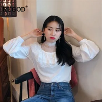 

RUGOD Vintage Mesh patchwork women blouse Fashion Lantern sleeve Ruffles V neck ladise shirts Office wear blusas mujer de moda