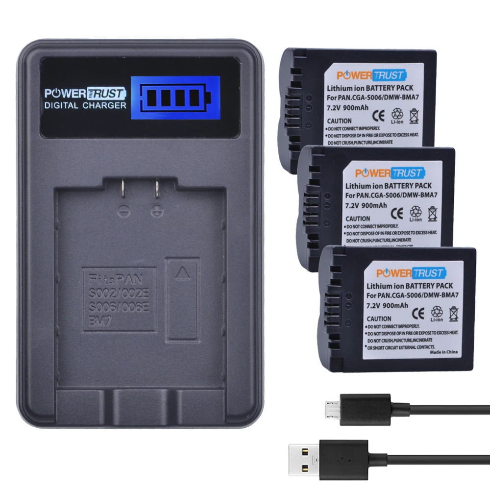 

3 шт. Φ S006A DMW-BMA7 аккумулятор + зарядное устройство USB с ЖК-дисплеем для Panasonic Lumix CGA-S006 FZ8 FZ18 FZ28 FZ35 FZ50