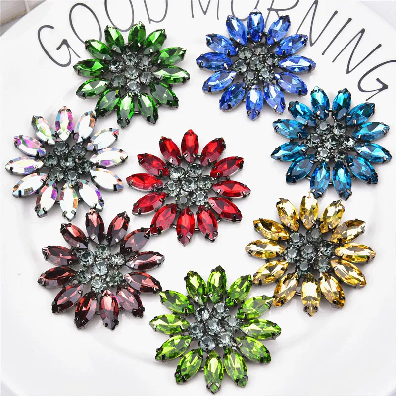 

High quality 2pcs 48mm Sew On Crystal AB Glass Rhinestone Applique Big Flower Strass Sewing Crystal Stones For Dress Shoe Crafts