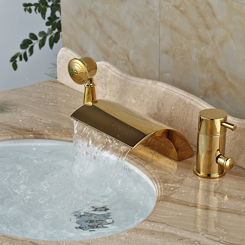 Contemporary Widespread Bathtoom Bathtub Mixers Deck Mount 3 Holes Brass Golden Tub Faucet