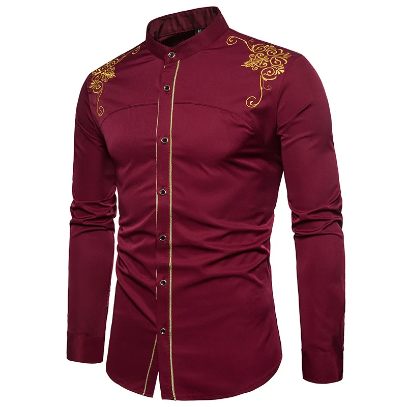 Chemise Homme Весенняя королевская Стильная однотонная рубашка с цветочной вышивкой приталенная Повседневная рубашка с длинным рукавом XXL