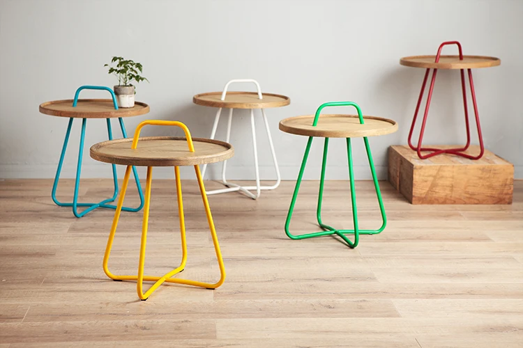 Simple lifting type iron wood tea table button corner sofa creative pine round coffee table Simple lifting type iron wood tea table button corner sofa creative pine round coffee table