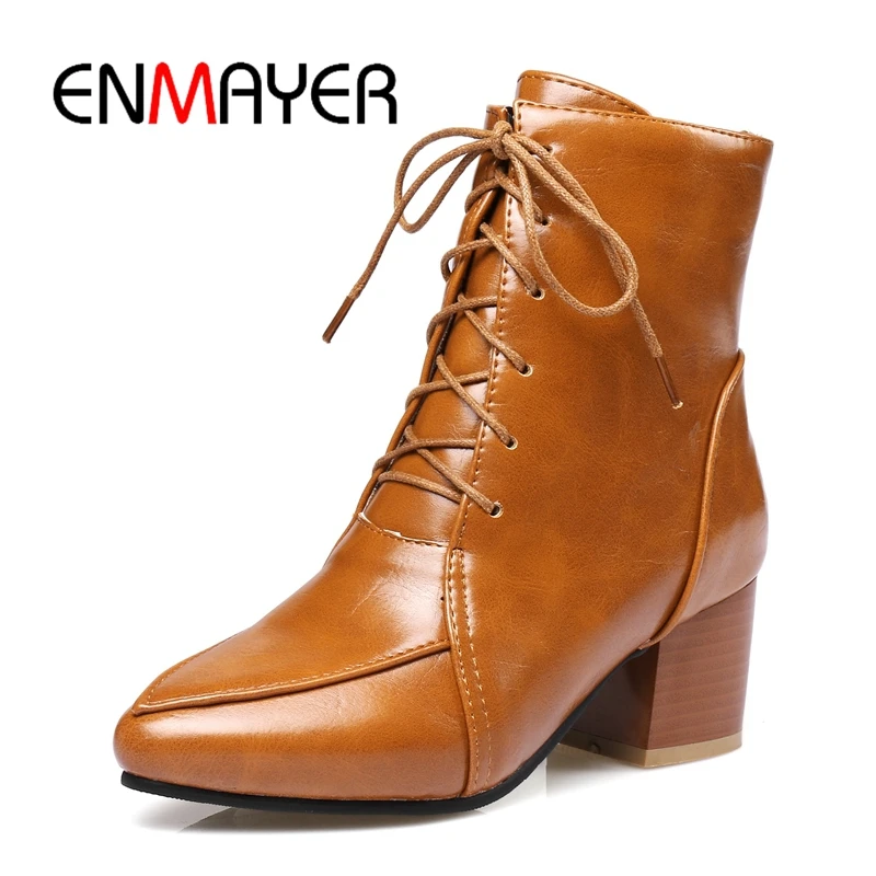 

ENMAYER New arrival Lace Up Ankle Boots Size 33 - 43 Autumn Winter Pointed toe Shoes Square heel Ankle Boots ZYL110