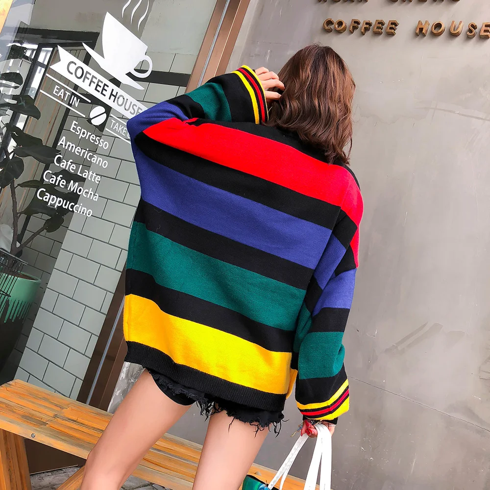 2019 Spring rainbow stripes loose plus size sweaters women fashion puff sleeve turtleneck knitted sweaters 2019 Spring rainbow stripes loose plus size sweaters women fashion puff sleeve turtleneck knitted sweaters
