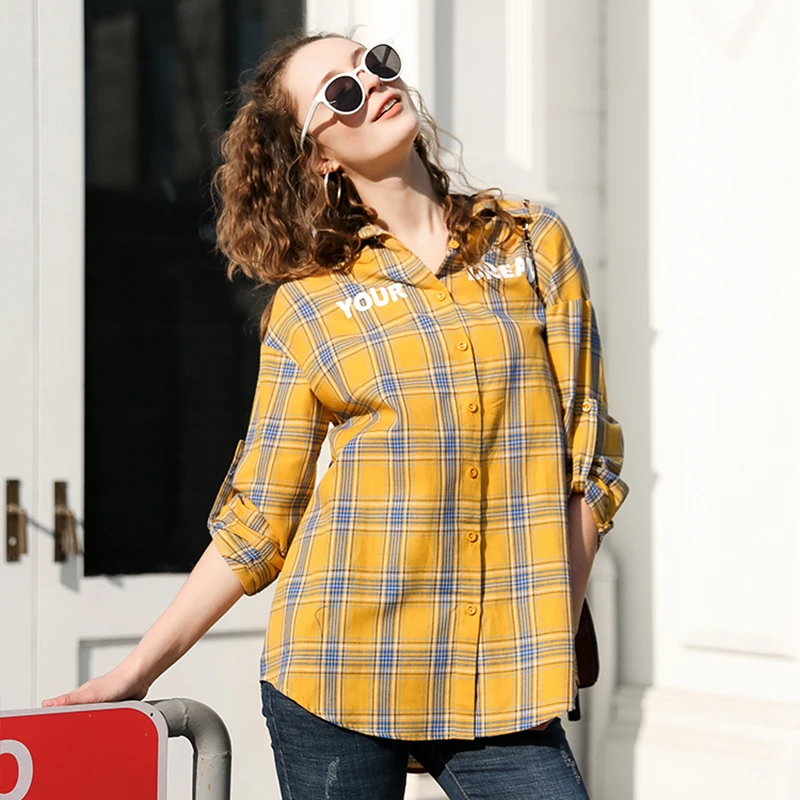 

Women Blouse Plaid Shirt Spring Casual Letter Print Streetwear Blouse Woman Purple Yelloe Oversized Shirts Sweatshirts Trend