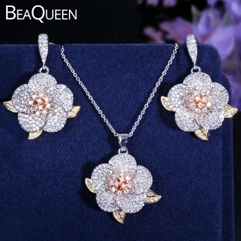 

BeaQueen Elegant Big Leaf Flower Drop Earrings Pendant Necklace Cubic Zirconia Micro Pave Engagement Jewelry Set for Women JS185
