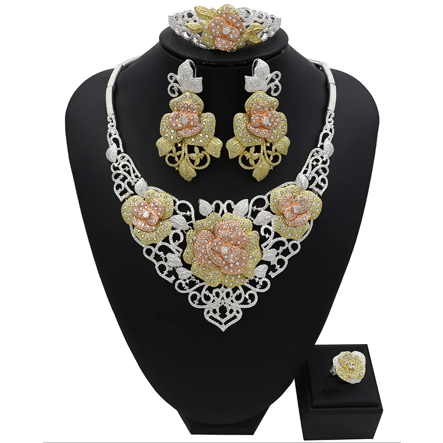 

TSROUND Luxury Rose Flower Cubic Zircon Earring Necklace Set Indian African Bridal Jewelry sets For Women