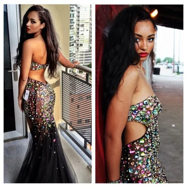 

Colorful Rhinestones Mermaid Prom Dress 2015 Sexy Backless Evening Dress Strapless Women Formal Dress vestidos