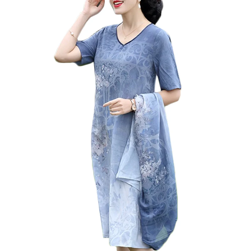 

Chinese style Summer Dress Plus size Middle-aged women's Two-piece suit Dresses Women's Loose High quality Midi Vestidos F323
