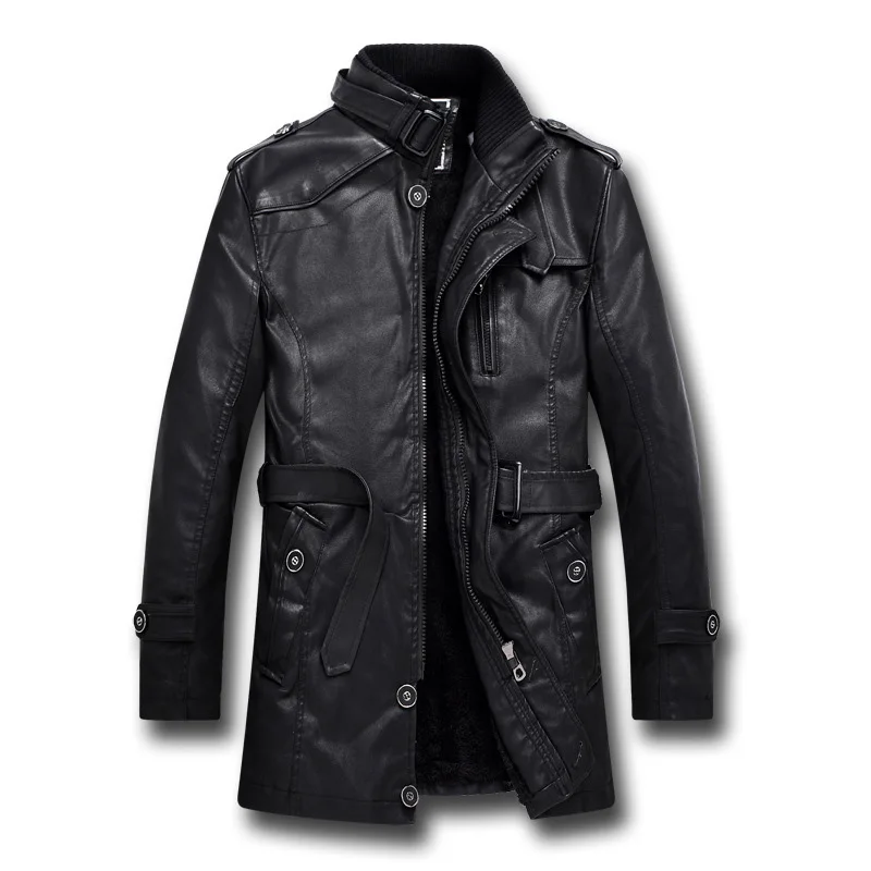Брендовая мужская Длинная кожаная куртка зимняя утепленная модная флисовая стоячий воротник размера плюс черный повседневный кожаный Тренч BF8899