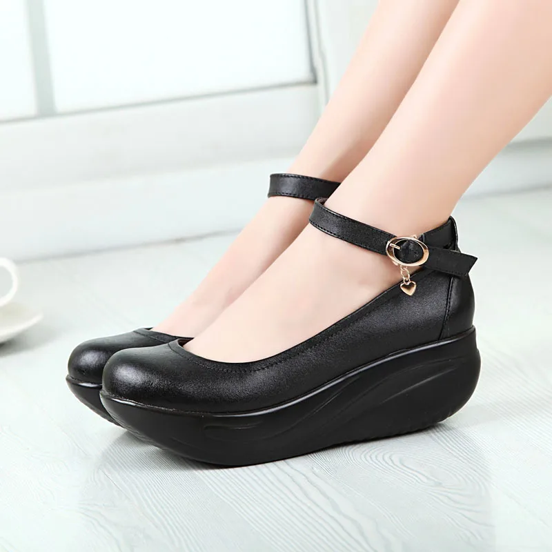 Leather Women Toning Shoes Platform Wedge Thick Soles Women Height Increasing Swing Shoes Single 34-43 Plus Size SWYIVY