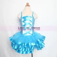 Детский костюм, танцевальные костюмы с юбкой-пачкой для девочек, голубой цвет с пайетками Тюлевое платье-пачка с длинным шлейфом Платье из одного предмета детская сценическая одежда 14120