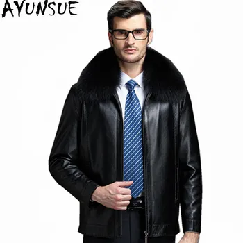 

AYUNSUE Real Fox Fur Collar Leather Jackets Black Man Coat Padded Winter Jacket Men Waterproof Coats Plus Size 4XL Abrigo WXF469
