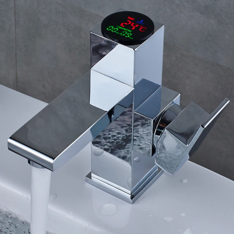 

Chrome Polished Bathroom Sink Faucet Deck With Digital Display Square Basin Faucet Cold And Hot Water Mixer Tap