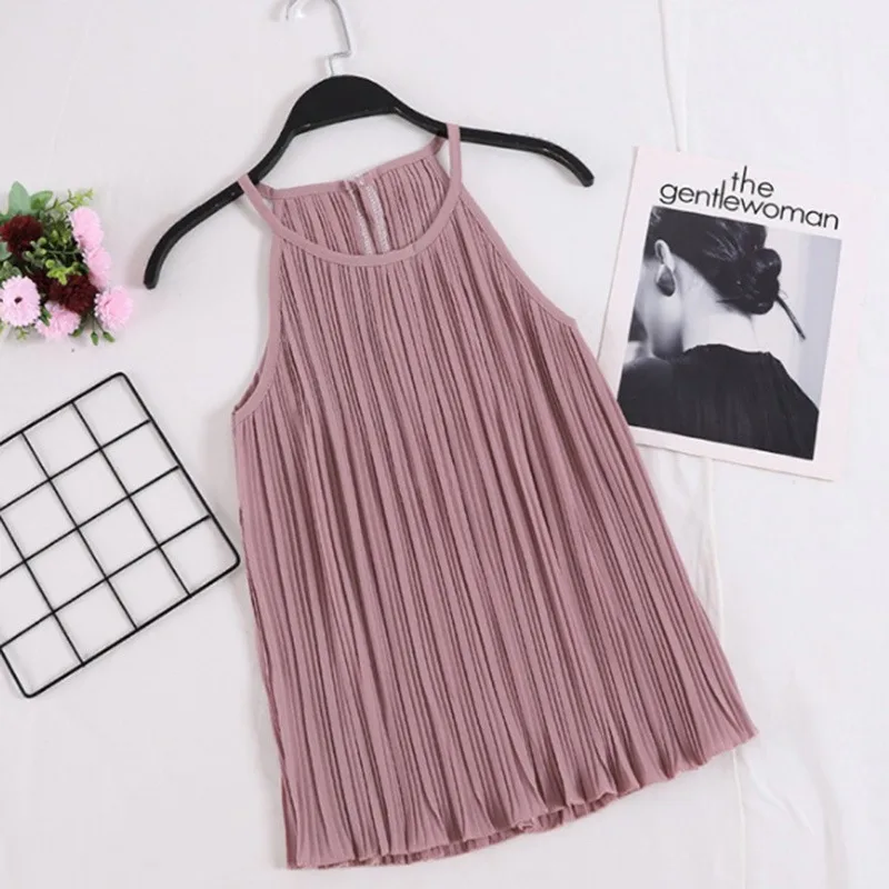 

2018 Pleated Halter Top Sling Casual Women's Clothing Summer Multicolor Chiffon Sleeveless Top