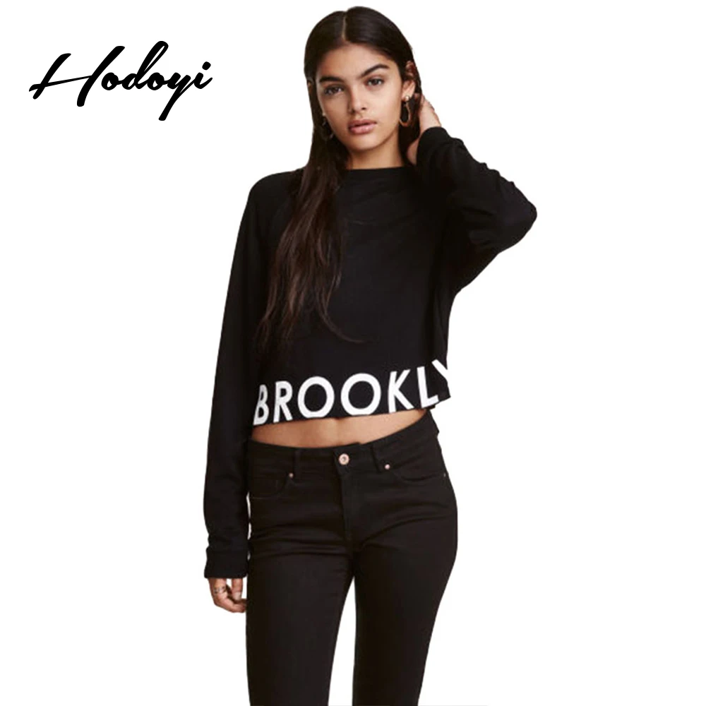 Hodoyi с принтом букв Топы женский черный Athleisure свободные пуловеры Повседневное