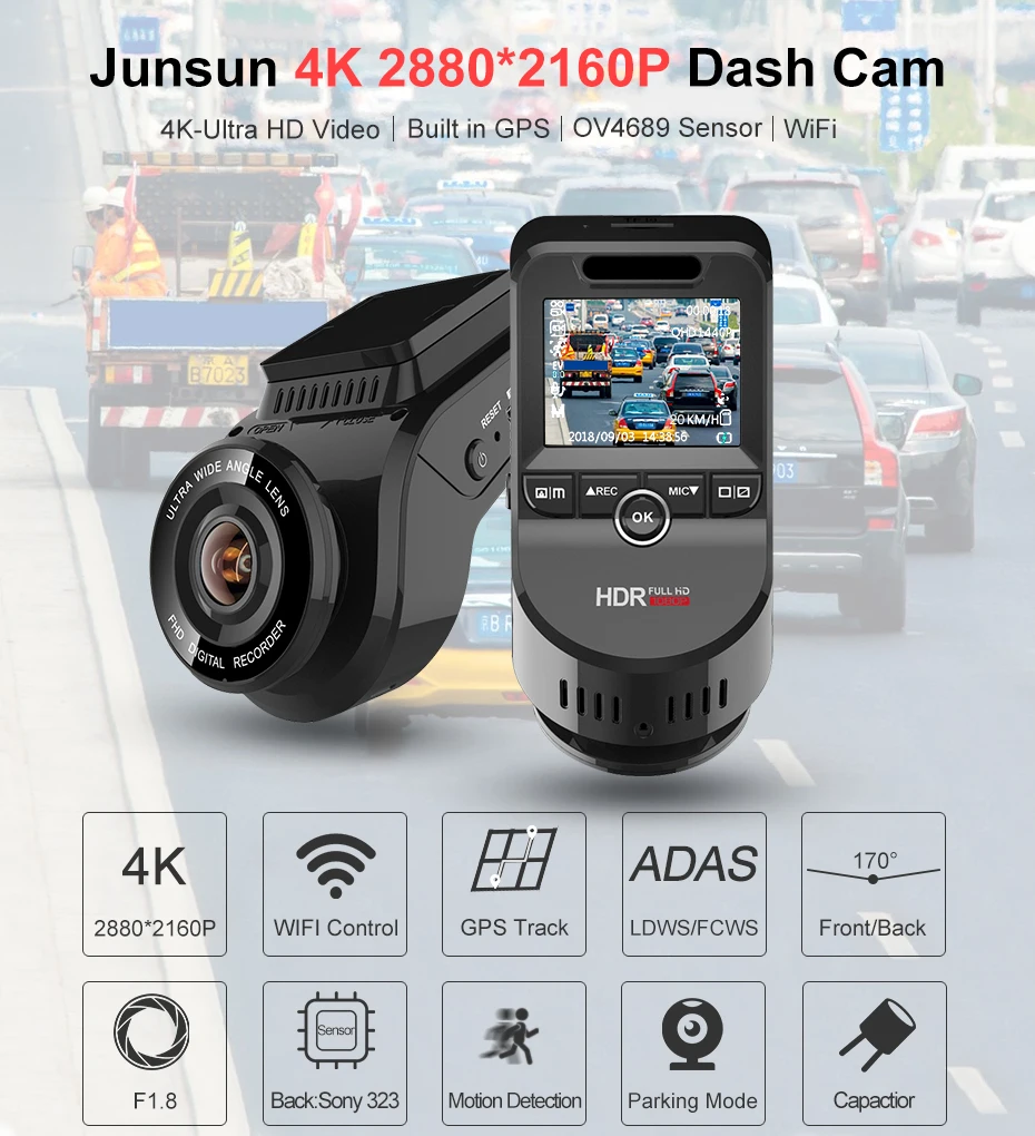 Junsun 4 к 2160 P Ultra HD автомобиль видеорегистратор двойной объектив Dashcam Встроенный gps трекер ночное видение камера с 1080 170 сзади камер