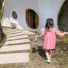 Новое поступление, летнее хлопковое однотонное трикотажное платье принцессы с короткими рукавами в Корейском стиле для милых маленьких девочек