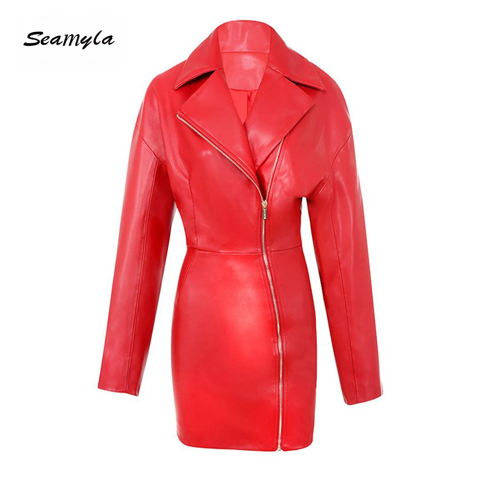 Seamyla, новая мода, весеннее женское платье, сексуальное, облегающее, красное, искусственная кожа, платье, длинный рукав, Клубная одежда, знаменитостей, платья для вечеринок, мини - Цвет: Красный