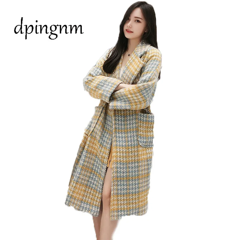 

2018 Autumnwinter Women's Wool Plaid Coat New Fashion Long Woolen Coat Slim Type Female Winter Wool Jackets Female Outw