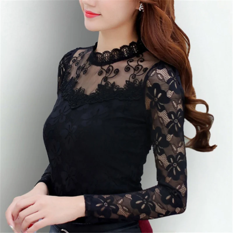 

Elegant Floral Lace Blouse Shirt Women 2019 Spring Fashion Slim Sexy O Neck Long Sleeeve Leisure femme Shirt Tops plus size 5XL