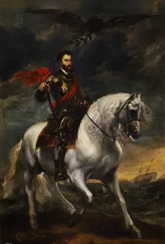 

Artists perfect original art hand-painted oil painting 24x36in on canvas : Portrait of Charles V Riding on a Horse .