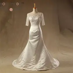 Sheer Бато Средства ухода за кожей шеи Половина рукава Встроенная линия Свадебное платье Вышивка V Назад Свадебное платье vestidos De Noiva 1962