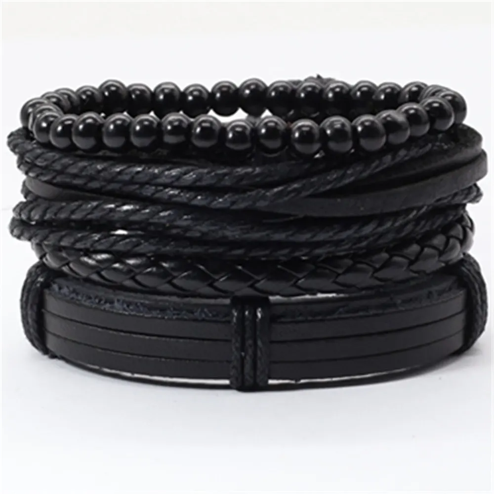 Черный Рок тканый деревянный бисер Хип-хоп ювелирные изделия кожаные мужские браслеты Набор для женщин винтажный браслет мужской Homme ювелирные аксессуары
