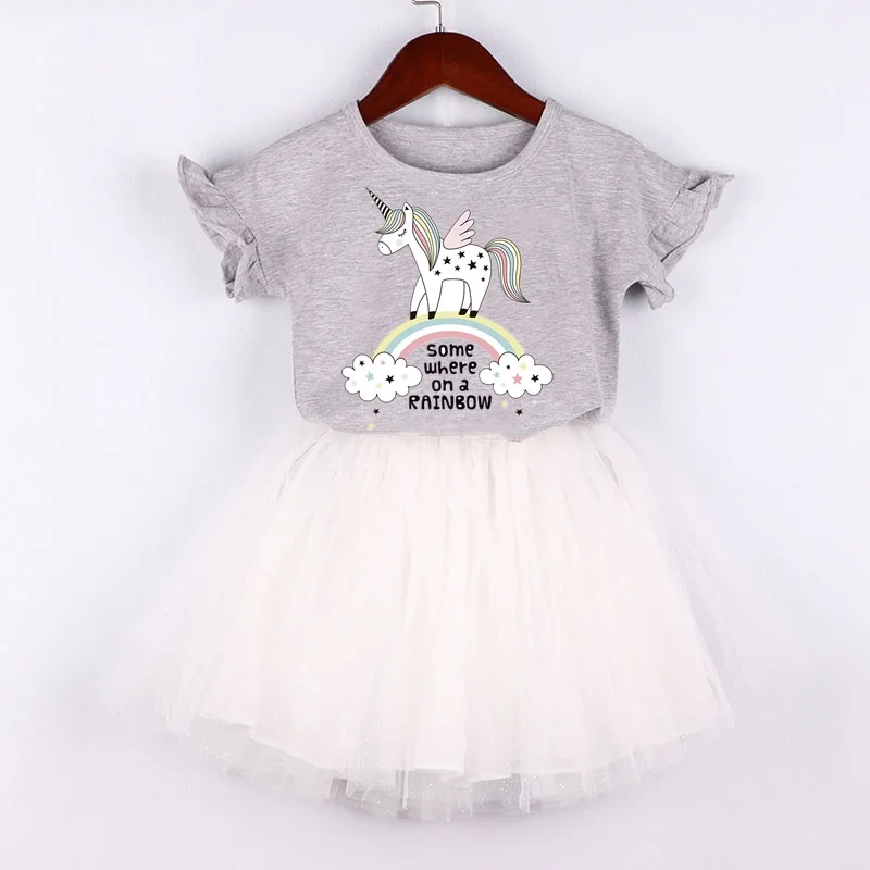 Комплект одежды для девочек; Милая Одежда для девочек; вечерние футболки с принтом единорога+ юбка; комплект из 2 предметов; повседневная детская одежда - Цвет: T00074-6