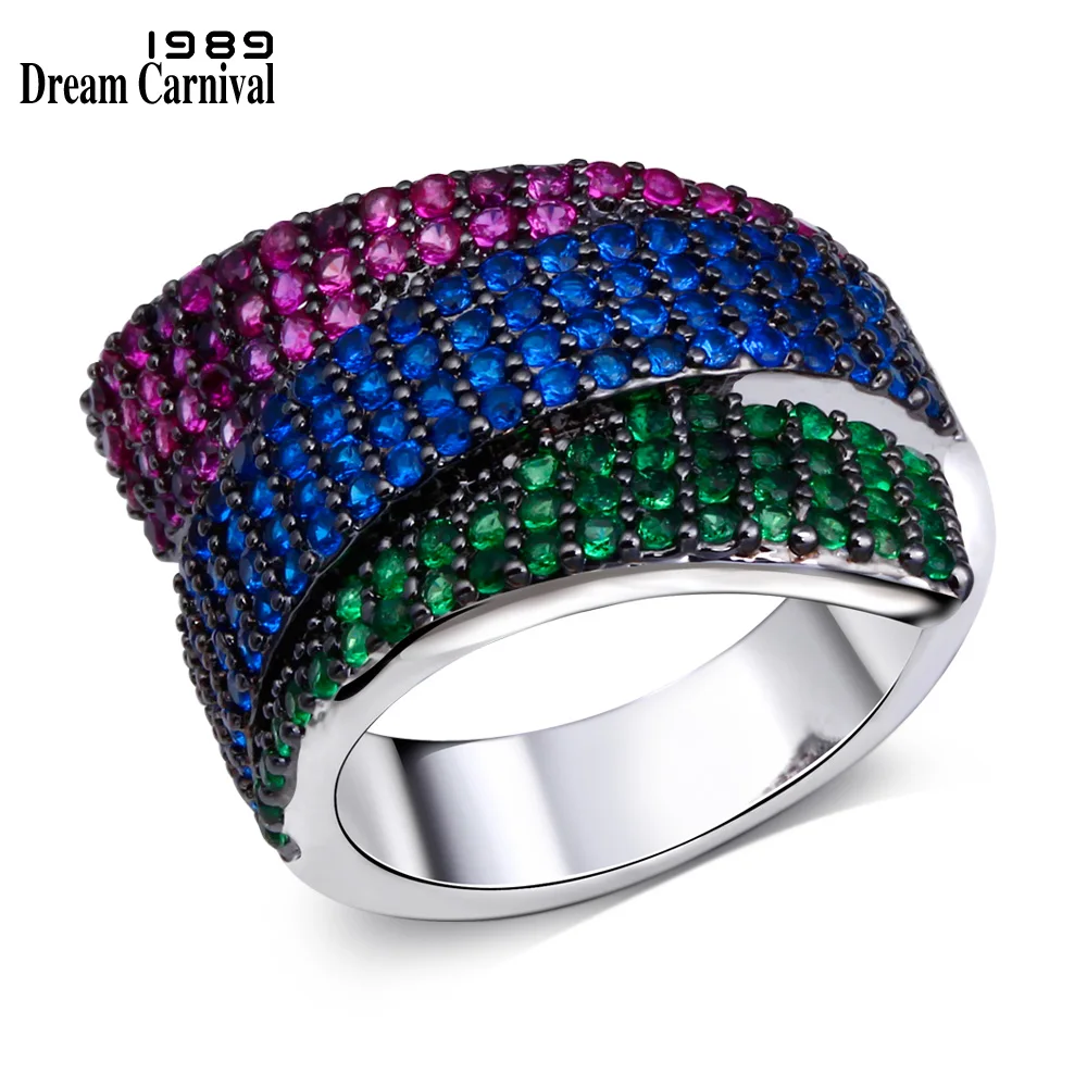 

DreamCarnival 1989 Ribbon Look Women Cocktail Ring Braided Blue Fuchsia Green Colors Zirconia Engagement Wedding Jewelry WA10903