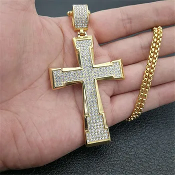 

Men Cross Christ Pendant Hip Hop Jewelry Iced Out Bling Bling Rhinestone Gold Color Crucifix Pendant Necklace Chain XL1301
