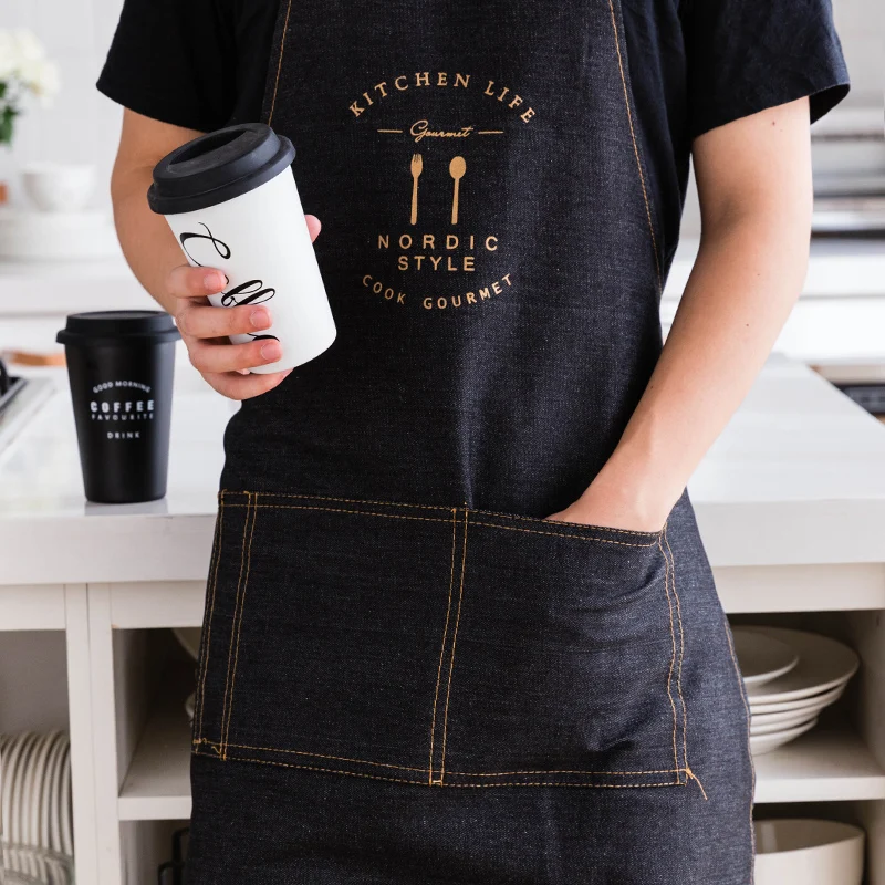 

MDZF SWEETHOME Leather Denim Apron Cotton Apron Kitchen Bib Anti-Oil For Woman Men Chef Waiter Cafe Shop