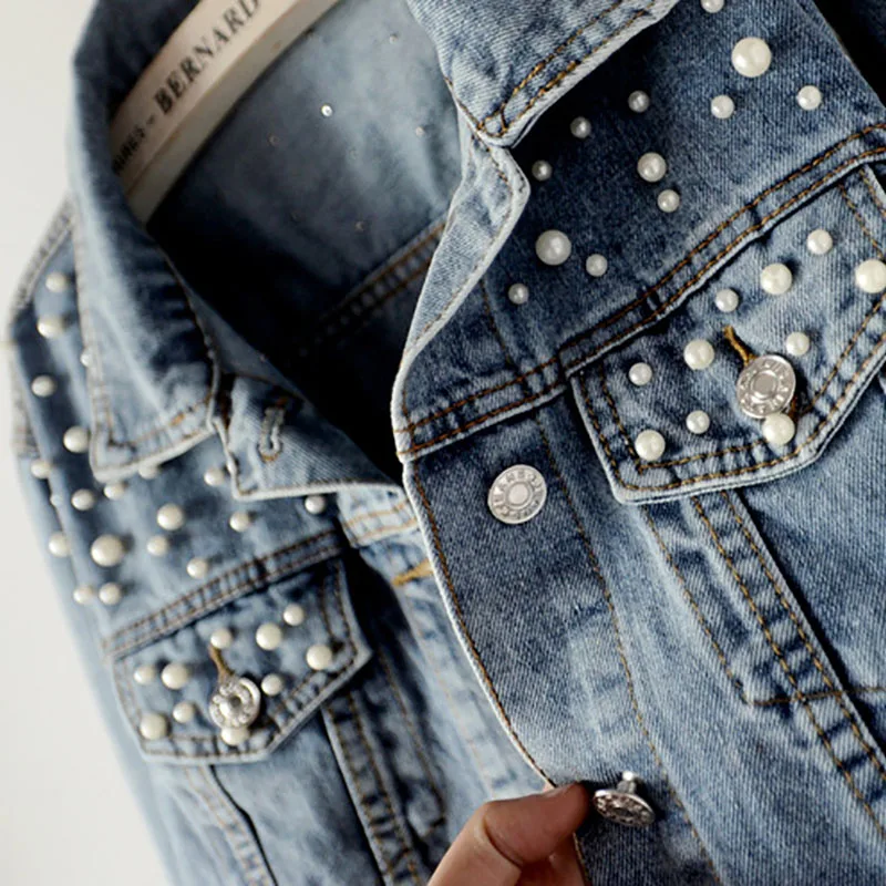 Plus size 5xl 2019 Spring Vintage Women Jean Jacket Witrh Pearls Beading Long Sleeve Pockets Denim Jackets Loose Outwear Female