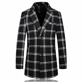 

Men's winter British style slim plaid cashmere warm fashion trend trench coat / high quality urban casual woolen windbreaker 5XL