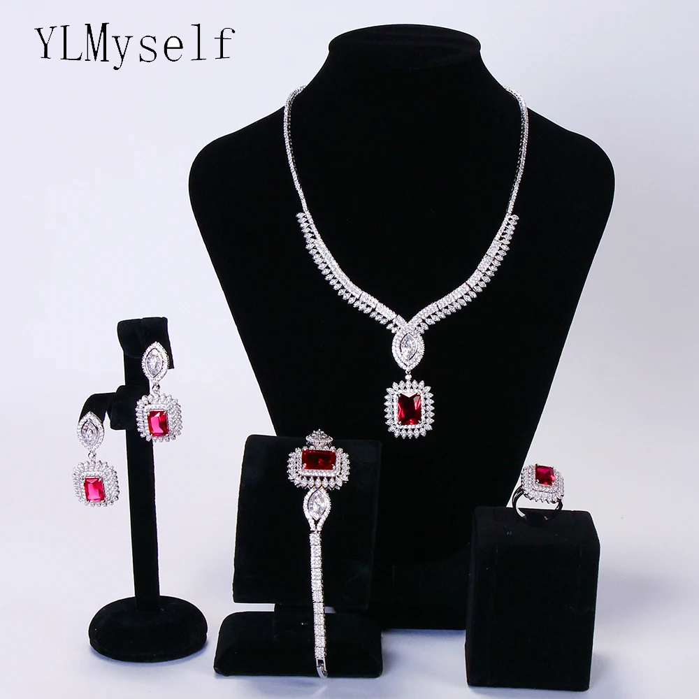 Luxury Red Square stone 4pcs set Necklace+Bracelet+earrings+ring
