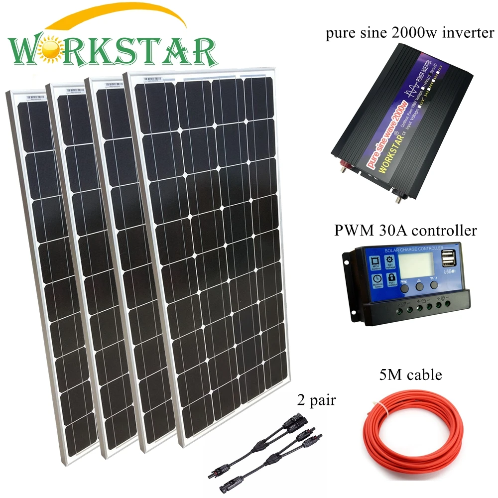 4*100W Glass Solar Panels with 30A Controller and 2000W Inverter Complete 500W Off Grid solar