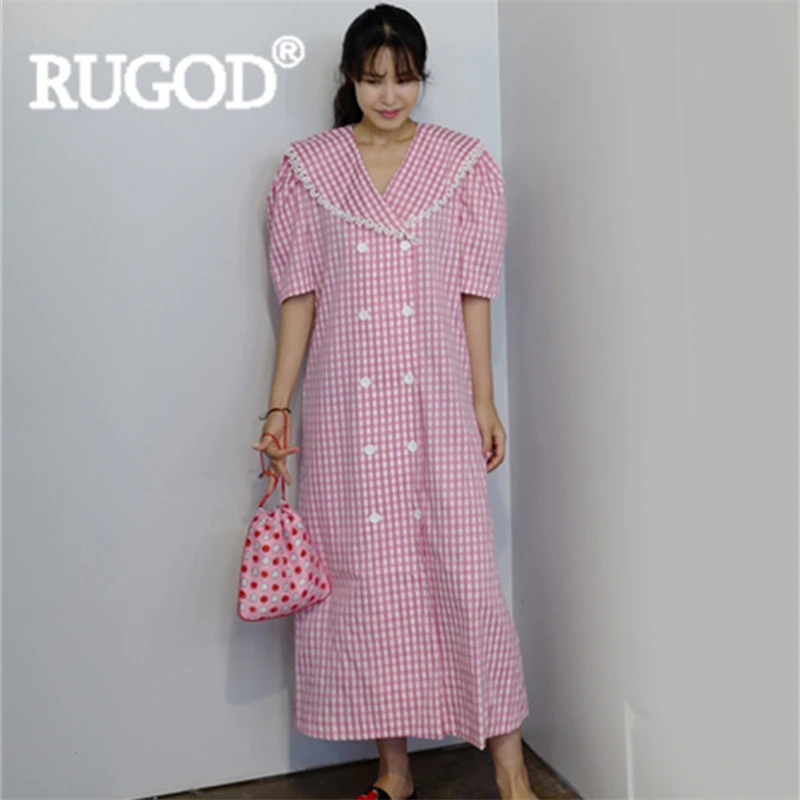 

RUGOD Women plaid chic dress v neck lace puff sleeve loose straight long dress 2019 new summer fashion female elegant korean