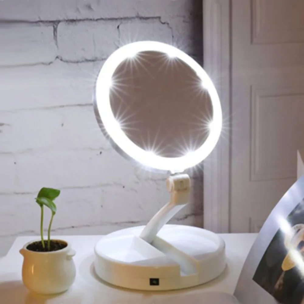 

LED Makeup Mirror 10X Magnifying Mirror Adjustable Stand Desk Tri-fold Cosmetic Mirror with Storage Box Organizer for Make Up