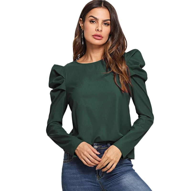 Sheinside, зеленая блузка с замочной скважиной, с рукавом из баранины, женские топы, элегантная женская рубашка с длинным рукавом, Осенние блузки и рубашки