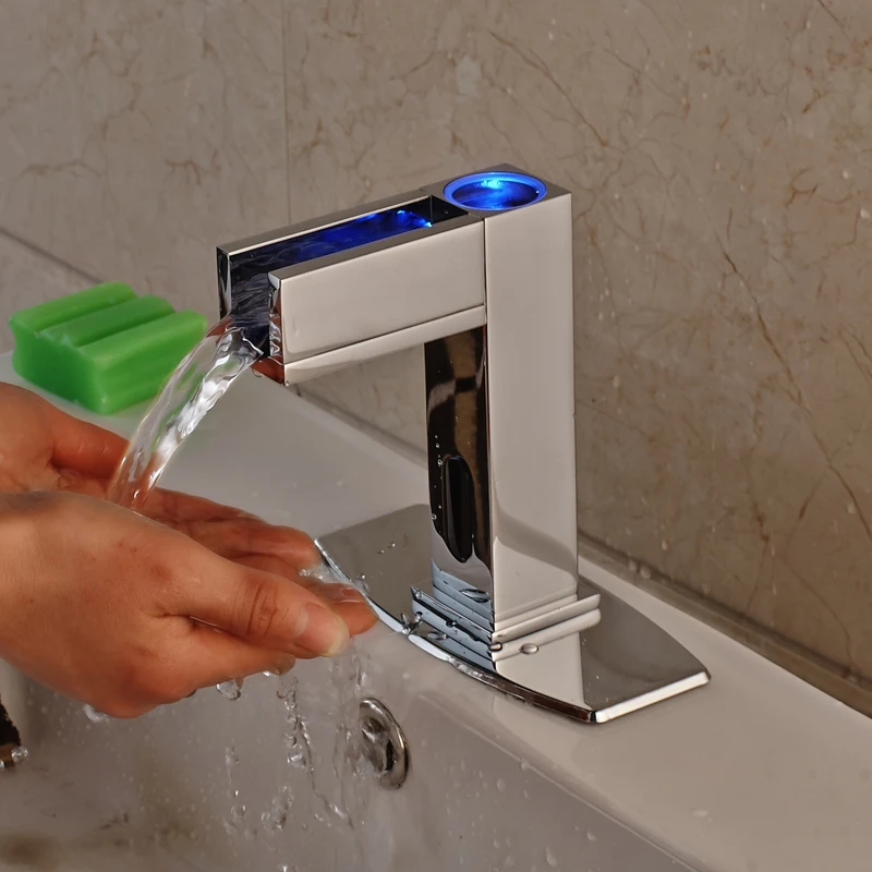 

Chrome Bathroom Sink Faucet Autoinduction Sensor Faucet LED Spout Mixer Tap With Cover Plate