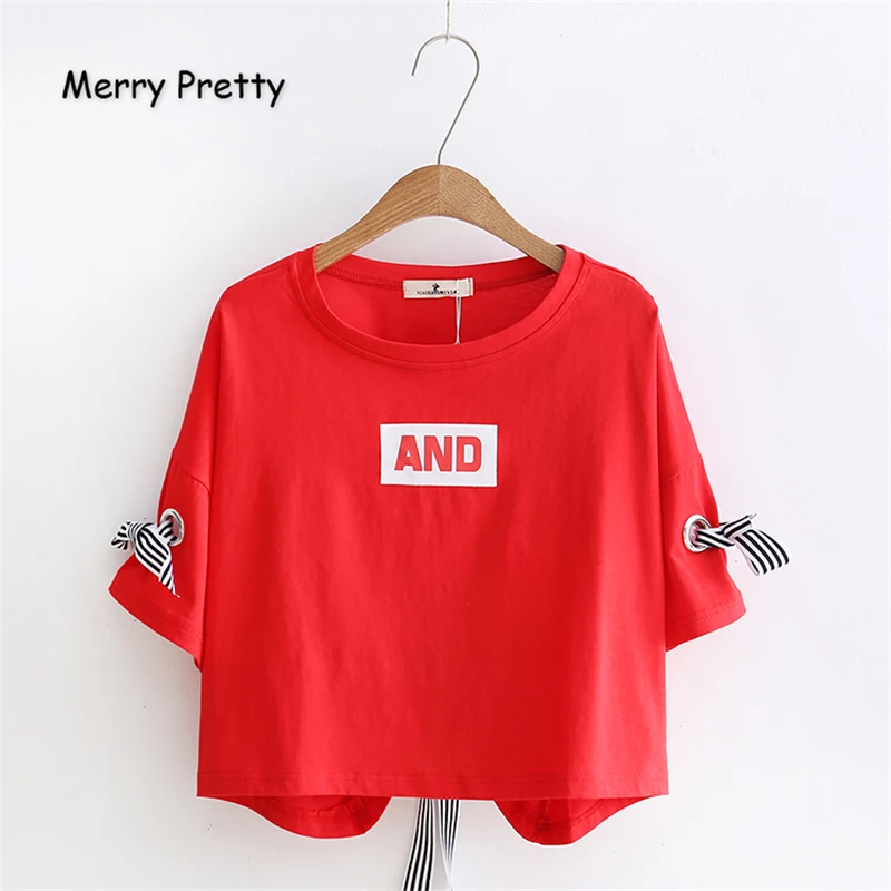 

Merry Pretty Women AND Letter Print Lace Up T Shirts 2019 Short Sleeve O-Neck Cotton T Shirt Sweet Style Casual Loose Tops Tees