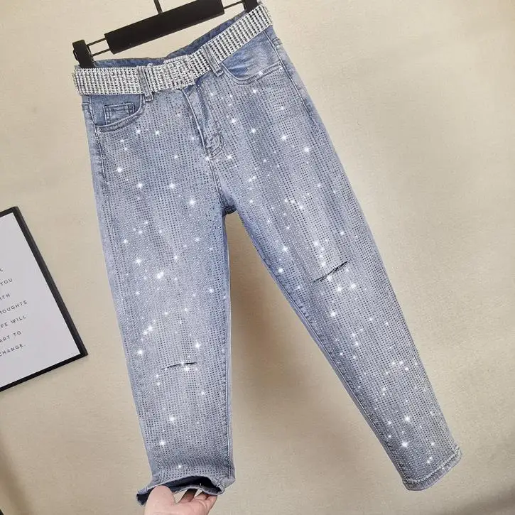 

spring summer new fashion diamond jeans women loose hole high waist loose straight jeans plus size