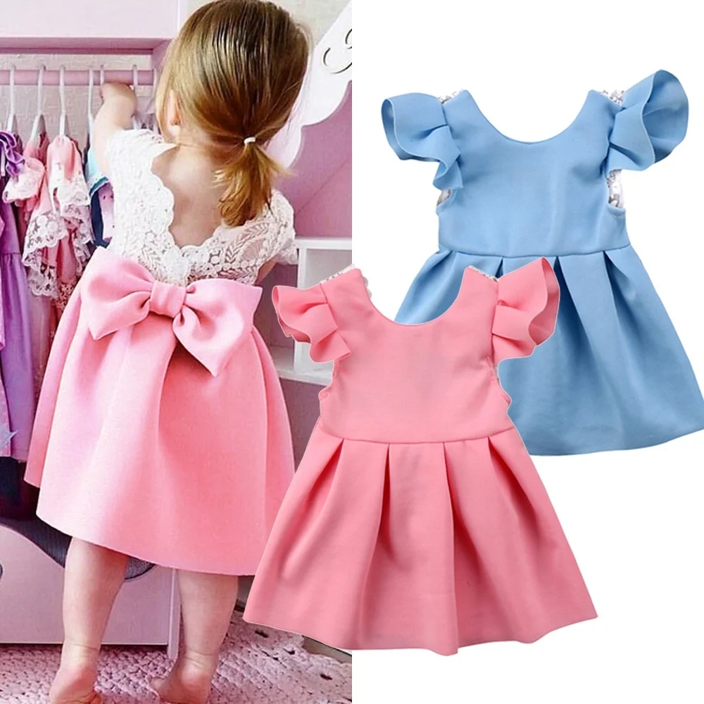 

2019 New Toddler Baby Girl Fly Sleeve Dress Lace Bow Ruffled Backless Princess Dress Sundress Cute Children Summer Dress 3M-3T