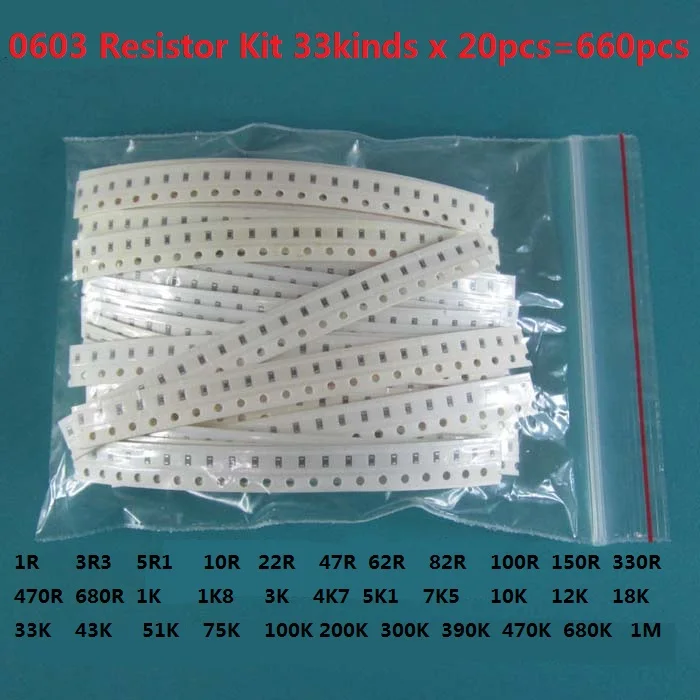 

0603 Resistor Kit (1R ~1M 5%) 33 Values X 20PCS=660PCS Pack Sample Kit Assorted 1K 10K 150R 330R 470R 680R 1.8k 3k 4.7k 5.1k..1M