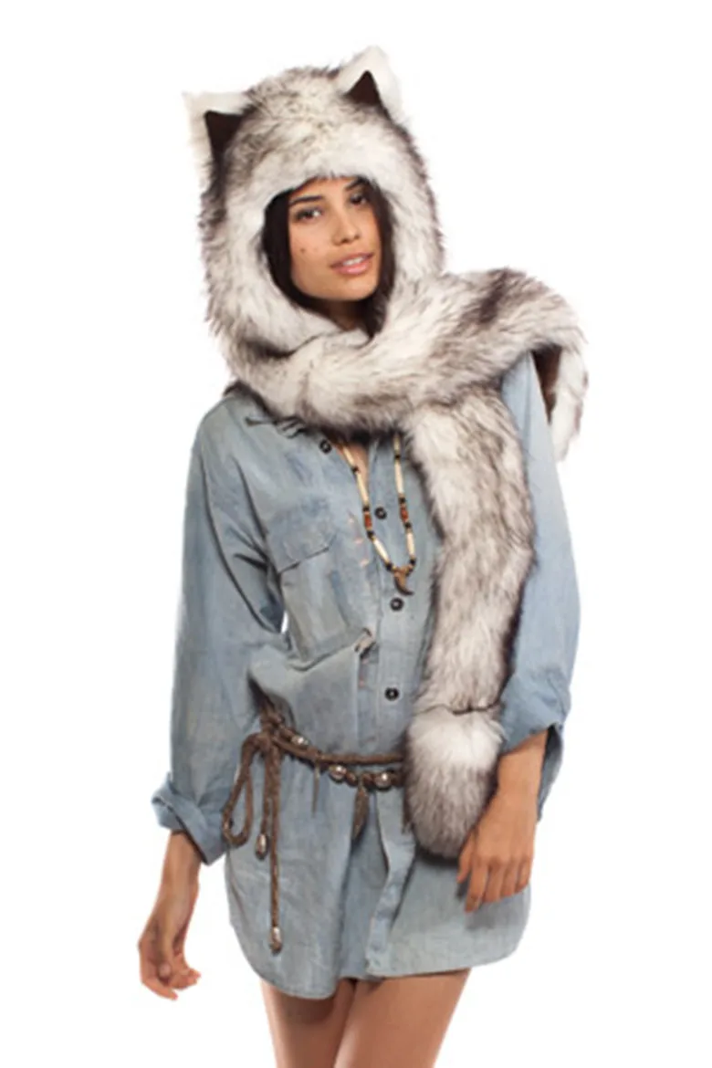 Women/Men Winter Faux Fur Hood Animal Hat Ear Flaps Hand Pocket Scarf Hood Hat Wolf Plush Warm Animal Cap With Fur Scarf Gloves Cycling Gloves Winter Hat Winter Accessories Knitted Hat Scarf Set Men Gloves