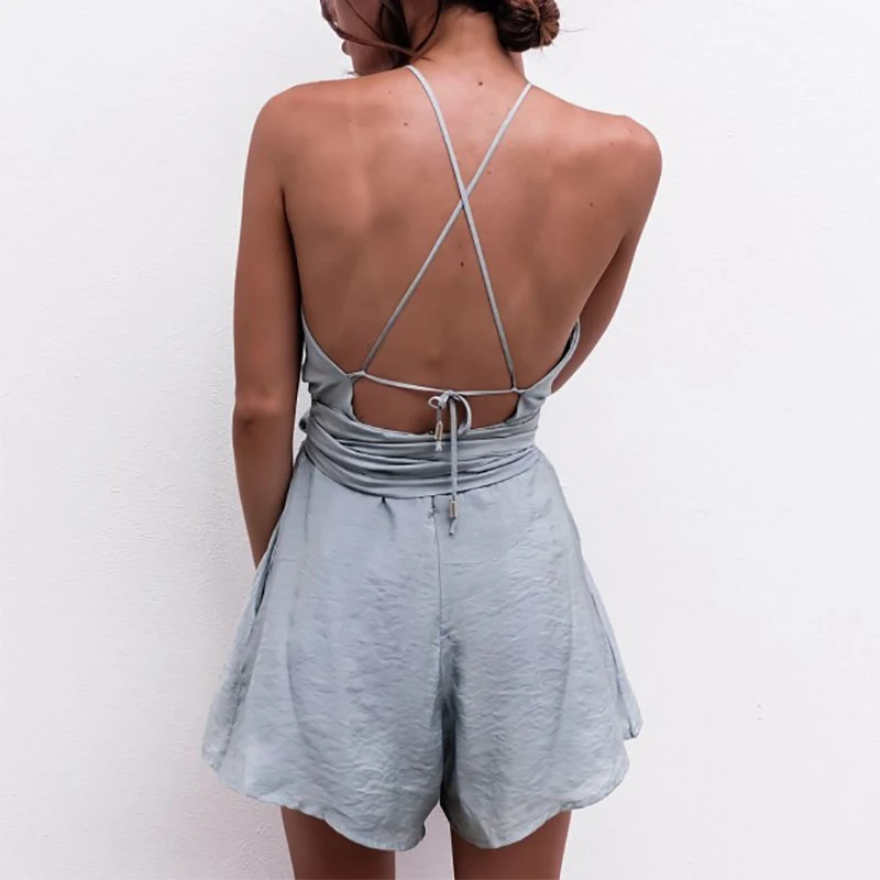 Casual Boho Beach Women Summer Playsuit With Sash Tie Camis Halter Sleeveless Backless Sexy Short Rompers Jumpsuit (6)