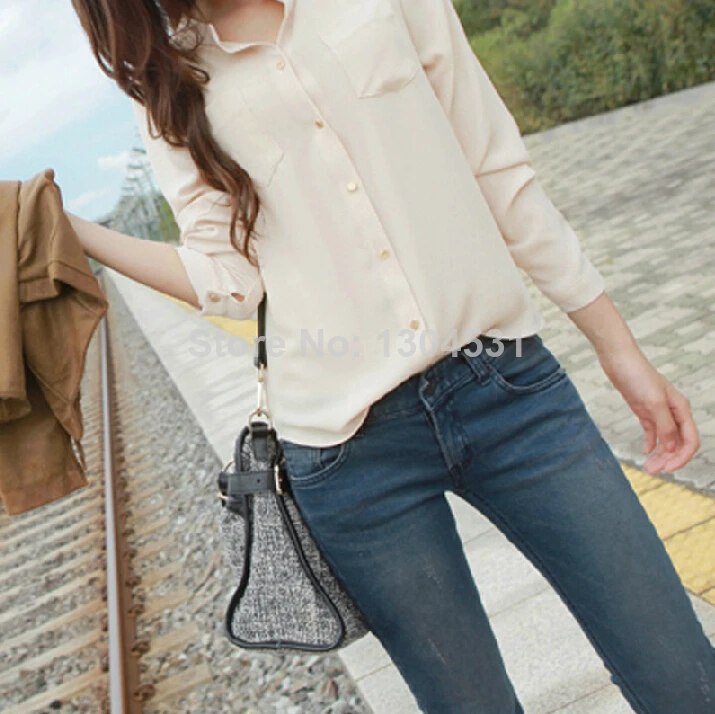 2014 New Sexy Casual Womens Long Sleeve Button Chiffon Tops Shirt Blouse Vest Girls Tee Shirts Clothing Free Shipping TK180101&amp0 |